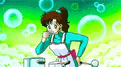 a cartoon of a woman in an apron drinking from a cup while cooking .