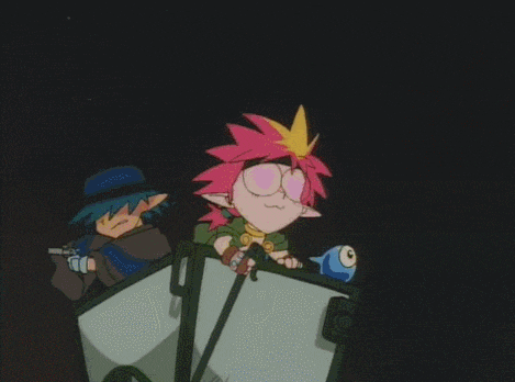 a cartoon character with pink hair and glasses is riding a wagon