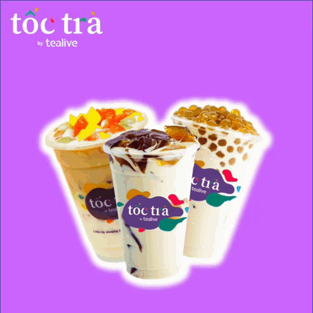 three cups of toc tra by tealive with different flavors on a purple background
