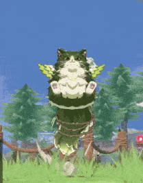 a green and white cat with wings is tied to a tree in a video game