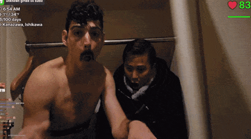 a shirtless man with a mustache is standing next to another shirtless man in front of a clock that says 6:54 am