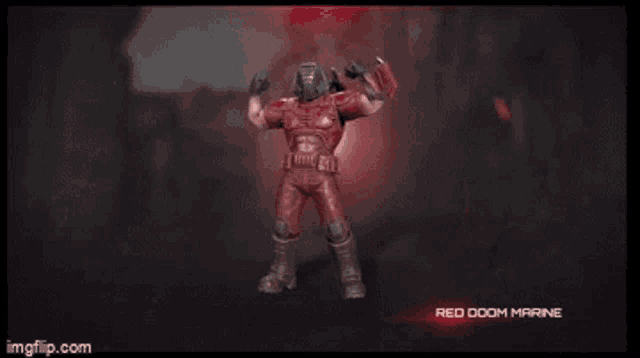 a red doom marine is dancing in the dark