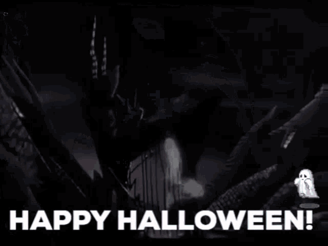 a black and white image of a skull with the words happy halloween