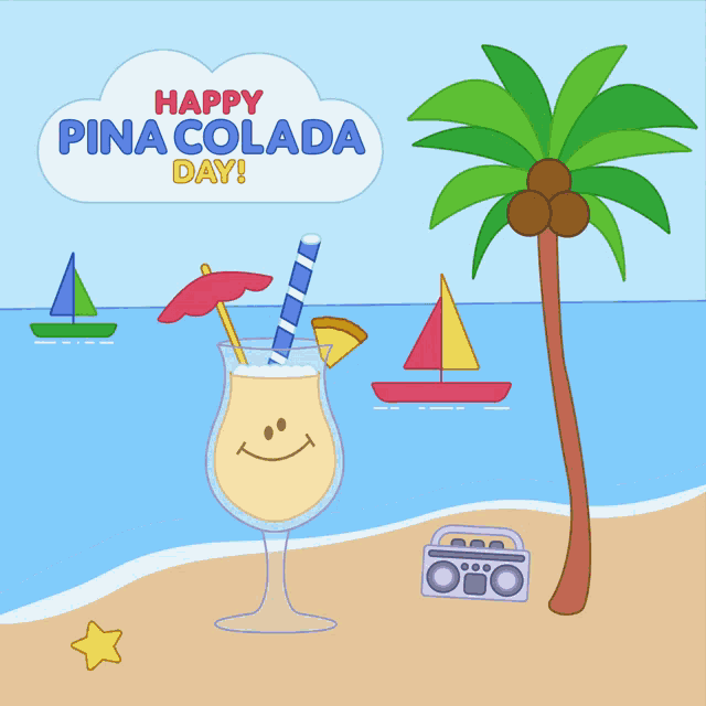 a happy pina colada day greeting card with a smiley drink on the beach