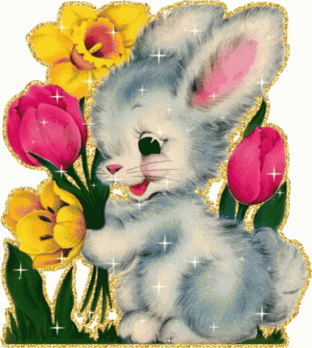 a bunny is holding a bouquet of flowers in its paws