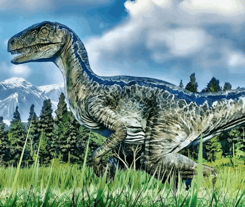 a painting of a dinosaur standing in the grass with mountains in the background