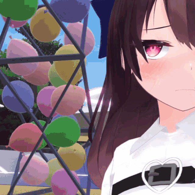 a girl with red eyes is standing in front of balloons