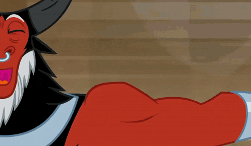 a cartoon character with horns and a nose ring laughs