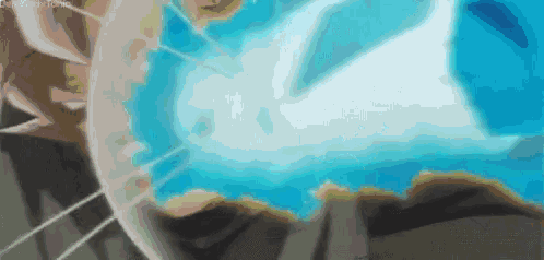a close up of a person 's face with a blue background and a glowing light coming out of it .