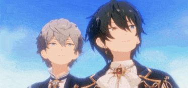 two anime characters are standing next to each other