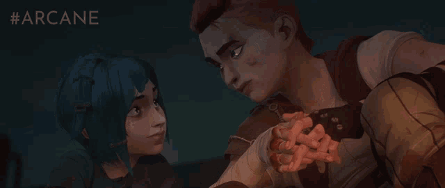 an advertisement for arcane shows a man and woman holding hands