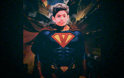 a young boy in a superman costume with a v on his chest