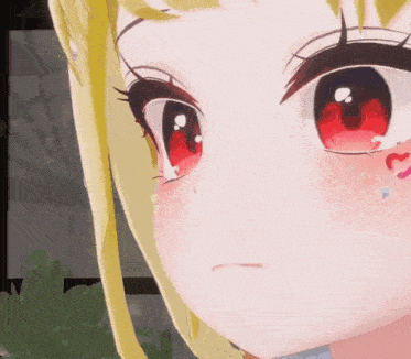 a close up of a cartoon girl 's face with red eyes