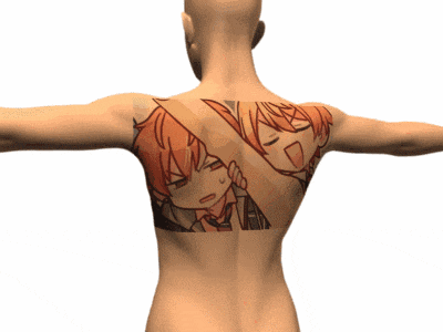 a man has a tattoo on his back of a boy