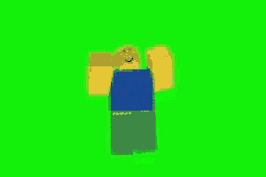 a roblox character is standing on a green screen with his arms outstretched .
