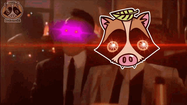 a cartoon drawing of a raccoon with a leaf on its head is behind two men in suits
