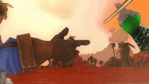 a video game scene with a hand pointing at a palm tree