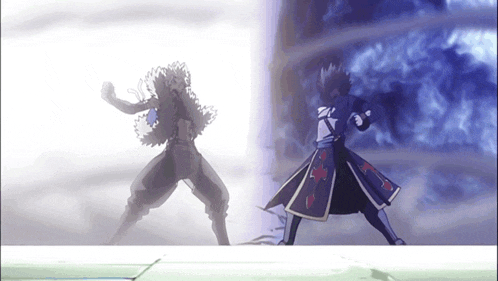 a couple of anime characters standing next to each other with one being white and the other being blue