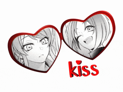 a couple of heart shaped mirrors with the word kiss in red