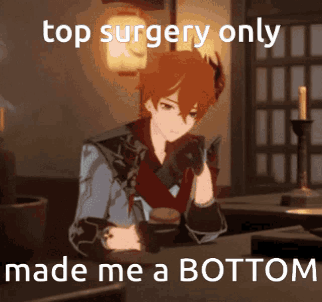 a cartoon character with the words top surgery only made me a bottom on the bottom