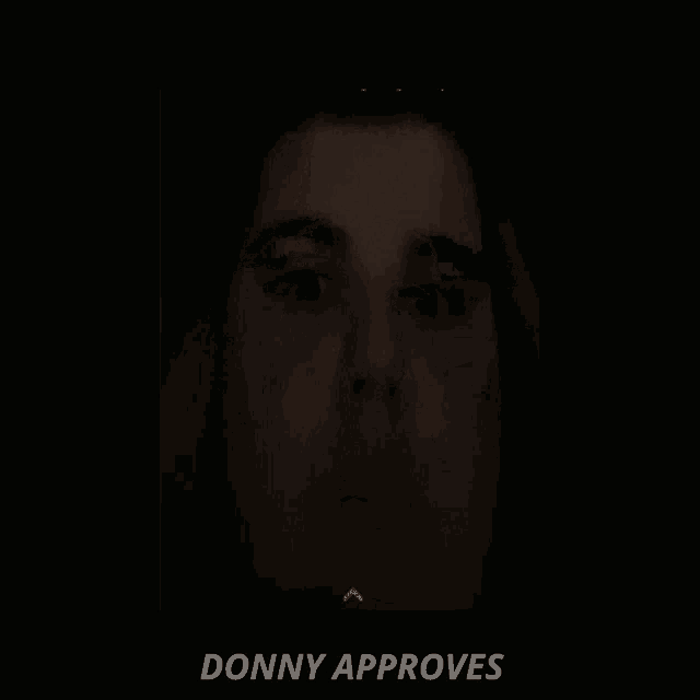 a man 's face is shown in a dark room with the words donny approves above it