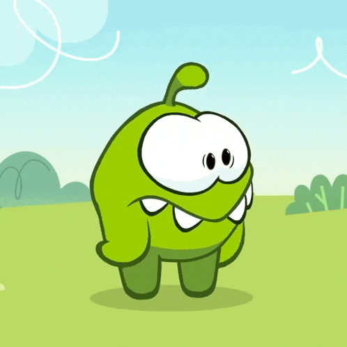 a green cartoon character with big eyes and a red mouth