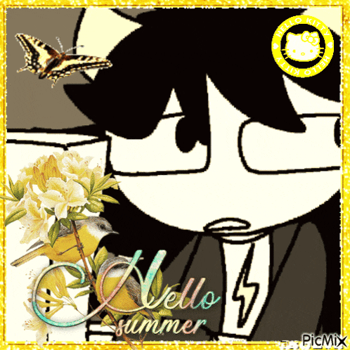 a hello summer greeting card with a cartoon character