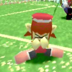 a cartoon character with a red hat is sitting on the grass