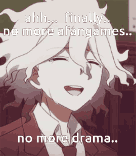 a man in a suit and tie is smiling with the words ahh finally no more a fangames no more drama .