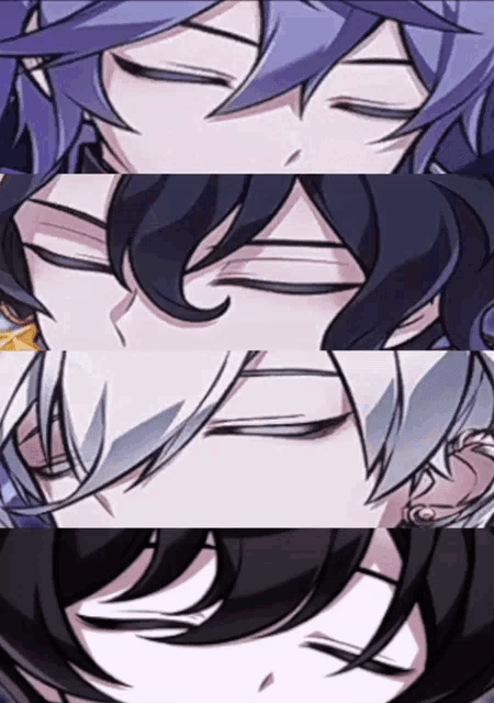 three anime characters with their eyes closed in a collage