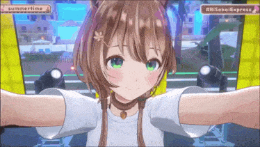 a girl with brown hair and green eyes is taking a selfie in front of a sign that says summertime