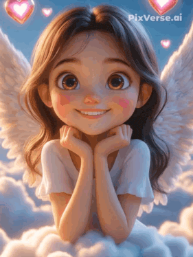 a little girl with angel wings is smiling with pixverse.ai in the corner