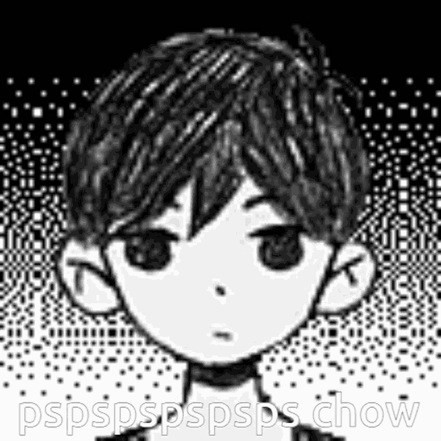 a black and white drawing of a boy 's face with the words pspspspspsps chow written below it .