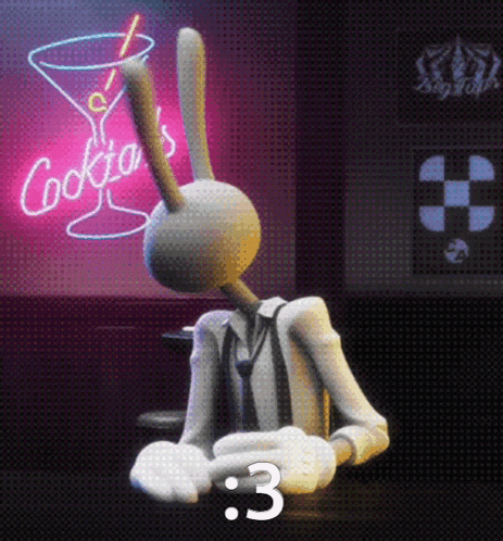 a cartoon rabbit is sitting at a table in front of a neon sign that says cocktail