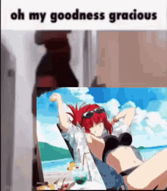 a woman in a bikini is sitting in a chair with her arms outstretched in front of a picture of a beach .