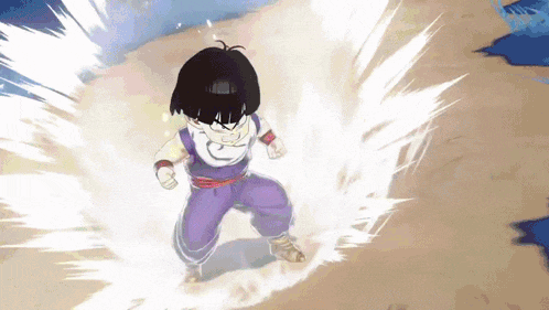 a young boy in purple pants and a white shirt is standing in a field with a white explosion behind him .
