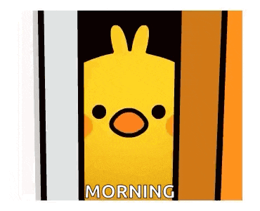 a cartoon duck is peeking out of a door with the words morning written on it .