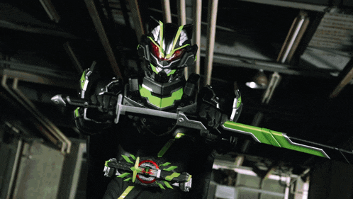 a person in a black and green costume holding a sword