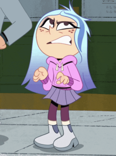 a cartoon girl with blue hair and a pink hoodie