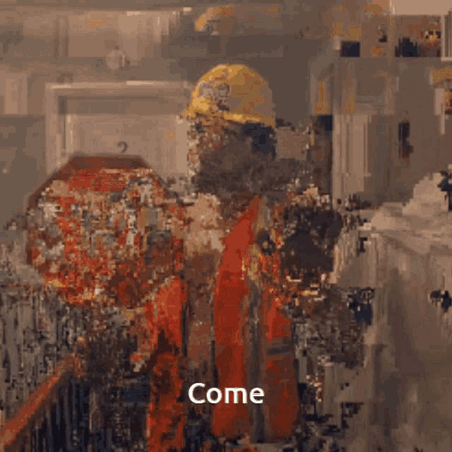 a construction worker holding a stop sign and says come