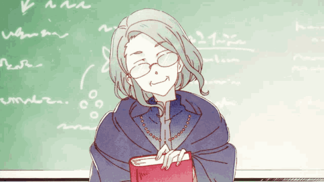 a drawing of a woman with glasses holding a book in front of a green board