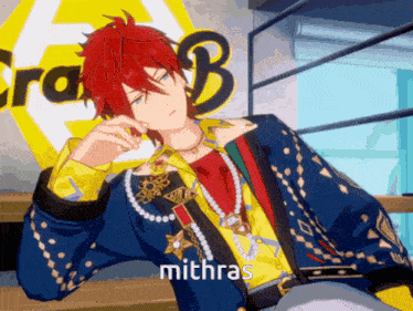 a man with red hair is wearing a yellow shirt and a blue jacket with the word mithras on it