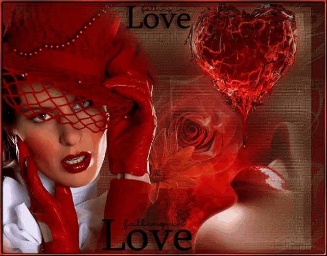 a woman in a red hat and gloves is surrounded by red roses and a red heart with the words falling in love below her
