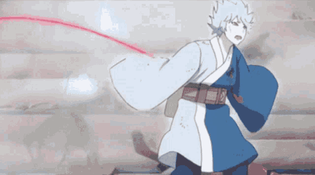 a cartoon character in a blue and white kimono with a red sword