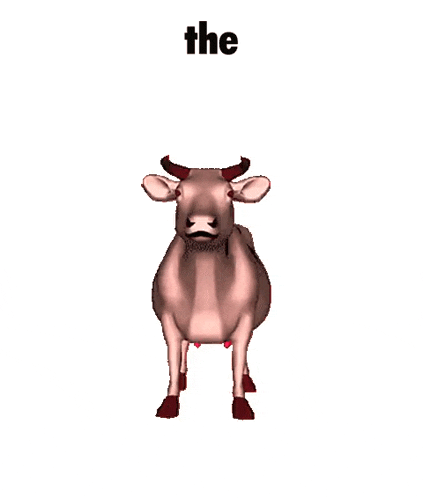 a cow with black spots and a red uterus is standing in front of the word the