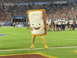 a mascot dressed as a sandwich is walking on a football field