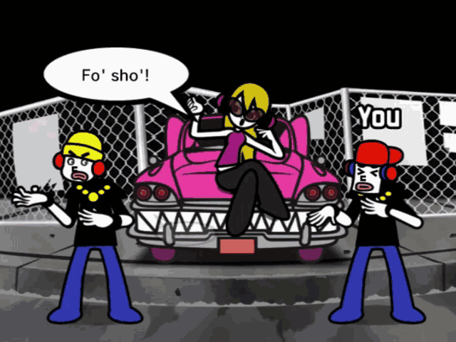 two cartoon characters standing next to a pink car with a sign that says " you "