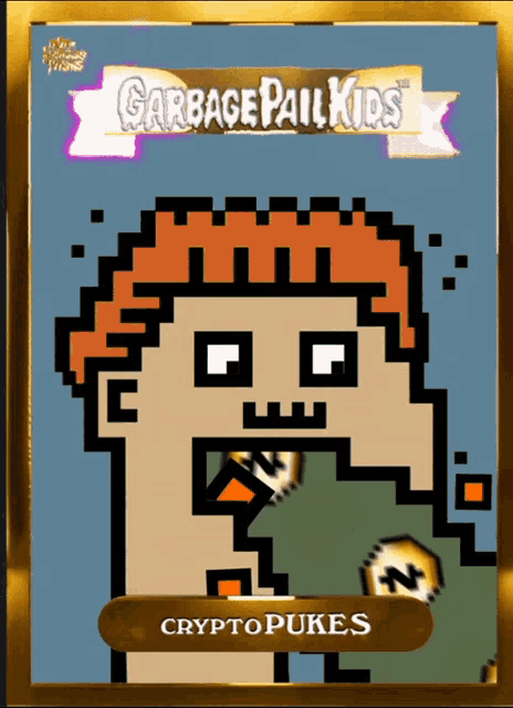 a garbage pail kids crypto puke card with a pixelated character