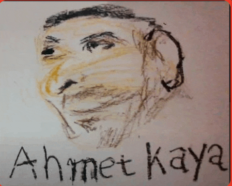 a drawing of a man 's face with the name ahmet kaya written below it