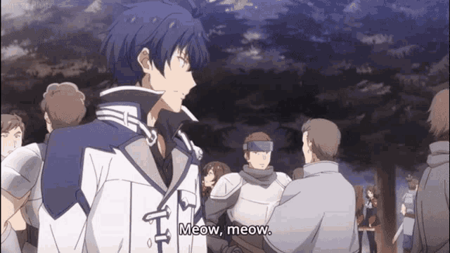 a group of people are standing around a man who is talking about meow meow